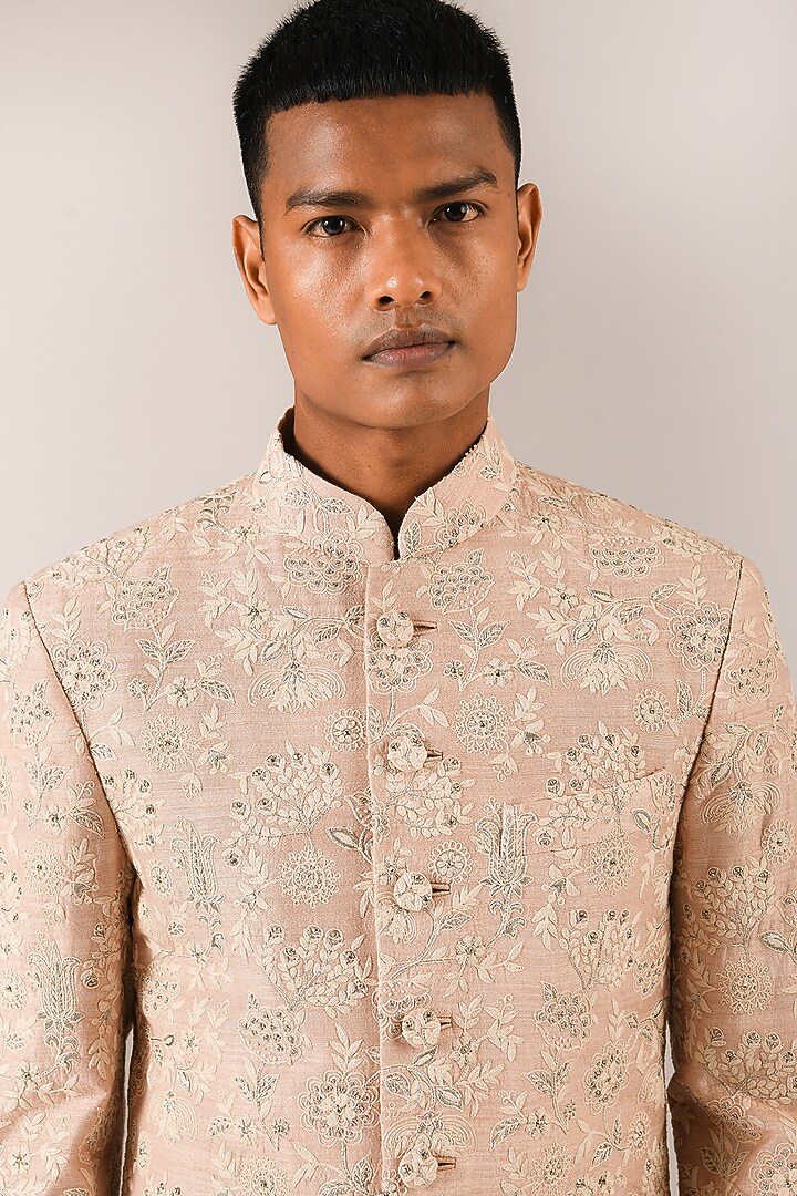 Lotus Pink Silk Embroidered Groom Sherwani Set by Dhruv Vaish at Pernia's Pop Up Shop