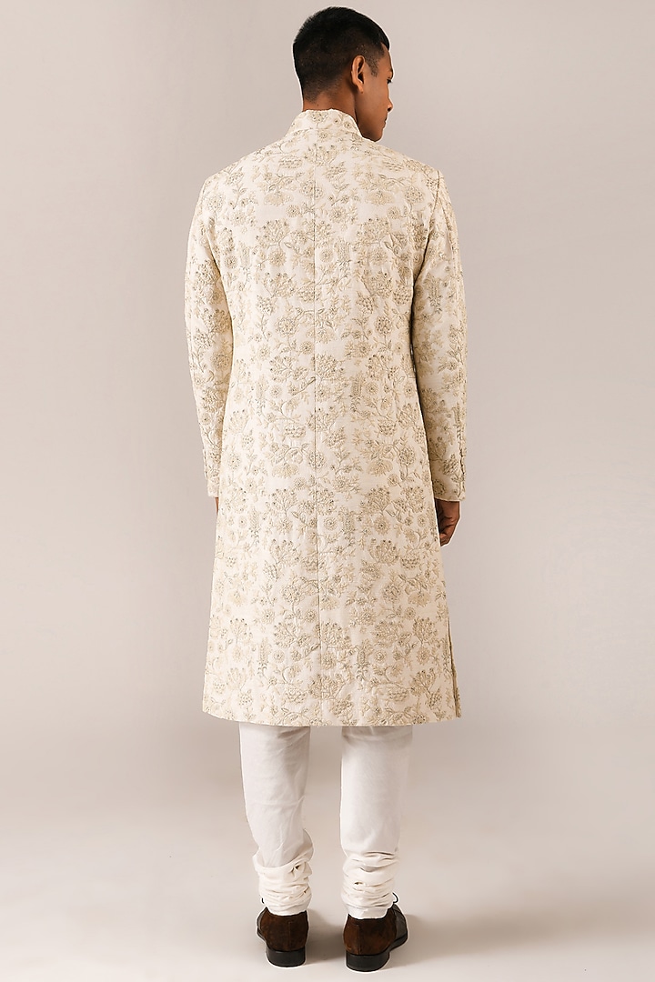 Cream Silk Embroidered Groom Sherwani Set by Dhruv Vaish at Pernia's Pop Up Shop