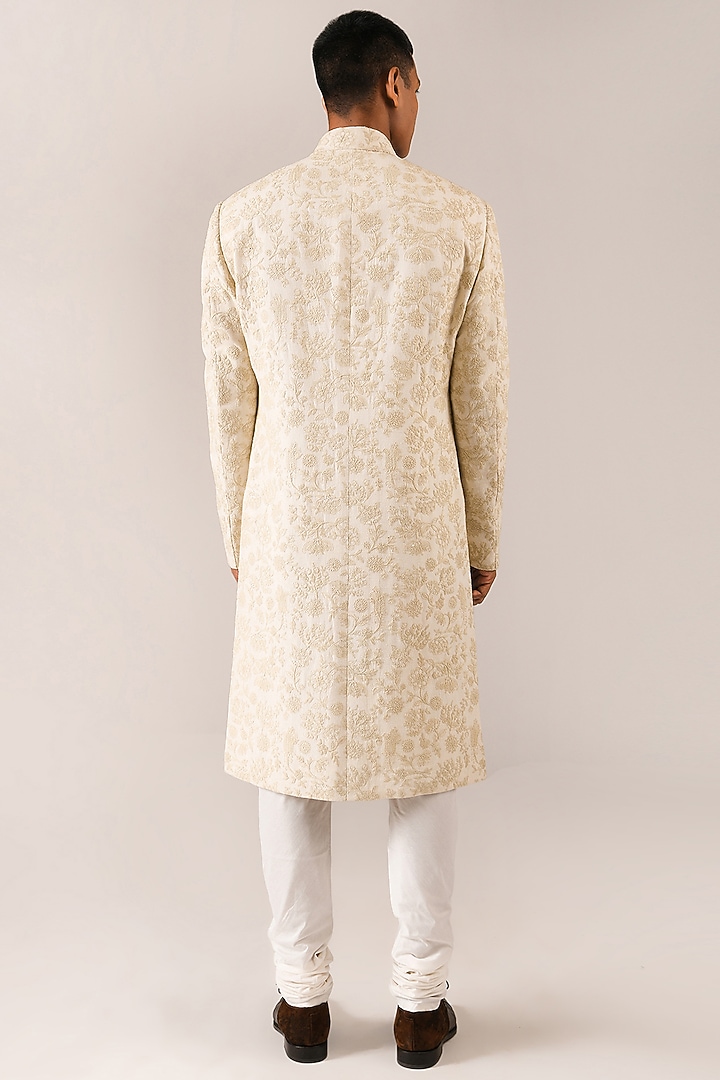 Cream Silk Embroidered Groom Sherwani Set by Dhruv Vaish at Pernia's Pop Up Shop