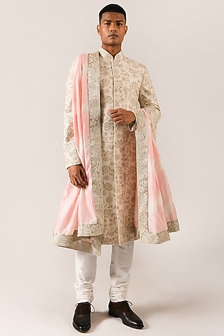 Cream & Pink Chanderi Embroidered Stole by Dhruv Vaish