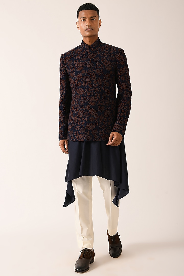 Navy Silk Embroidered Wedding Bandhgala by Dhruv Vaish at Pernia's Pop Up Shop