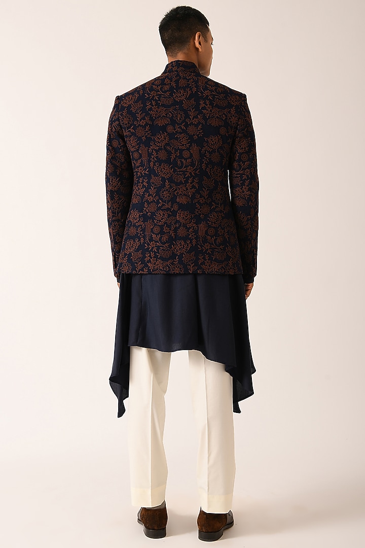 Navy Silk Embroidered Wedding Bandhgala by Dhruv Vaish at Pernia's Pop Up Shop