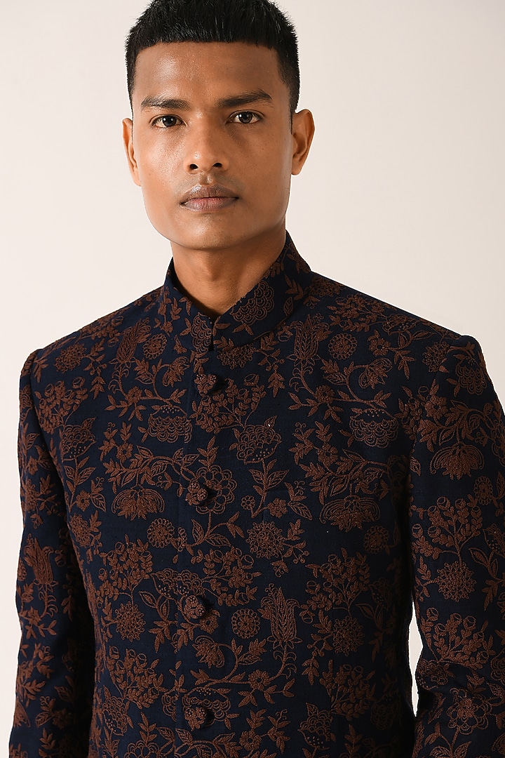 Navy Silk Embroidered Wedding Bandhgala by Dhruv Vaish at Pernia's Pop Up Shop