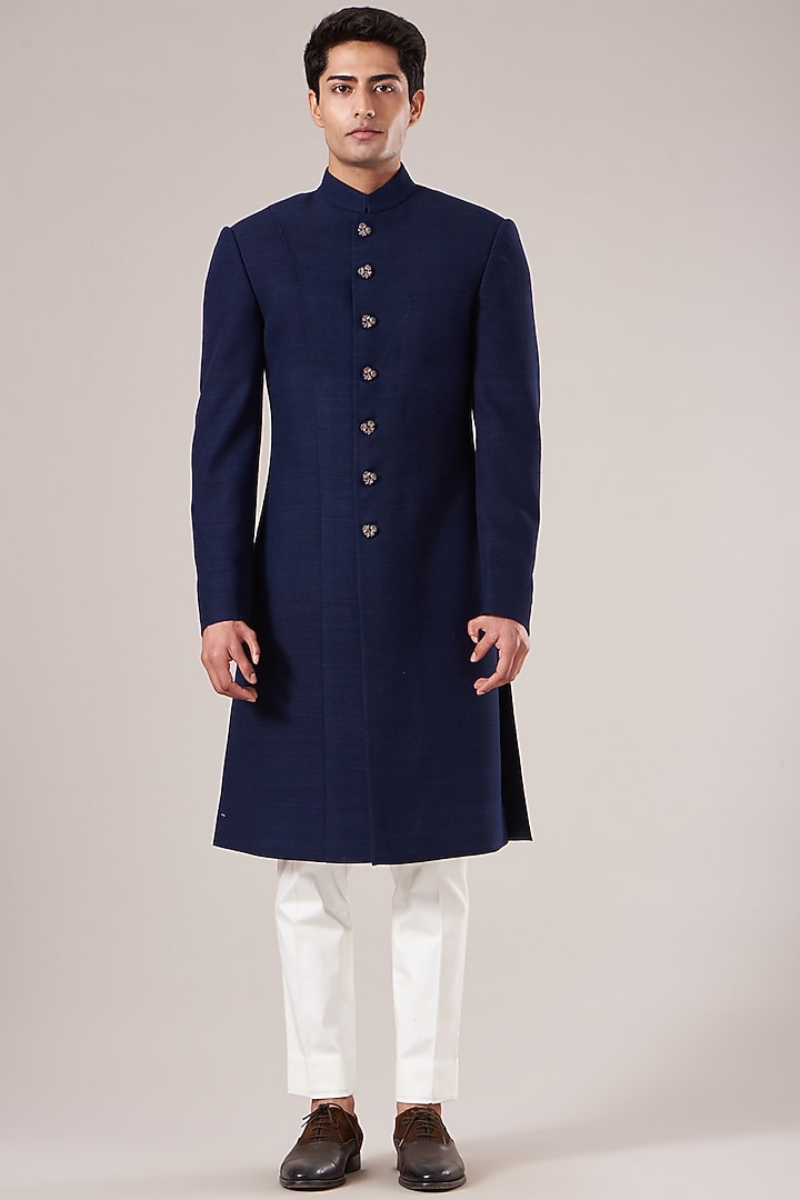 Navy Silk Paneled Wedding Sherwani Set by Dhruv Vaish at Pernia's Pop Up Shop