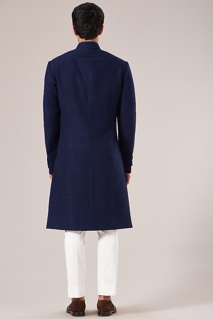 Navy Silk Paneled Wedding Sherwani Set by Dhruv Vaish at Pernia's Pop Up Shop