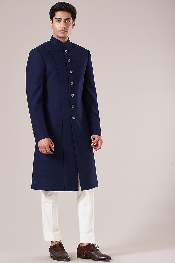 Navy Silk Paneled Wedding Sherwani Set by Dhruv Vaish at Pernia's Pop Up Shop