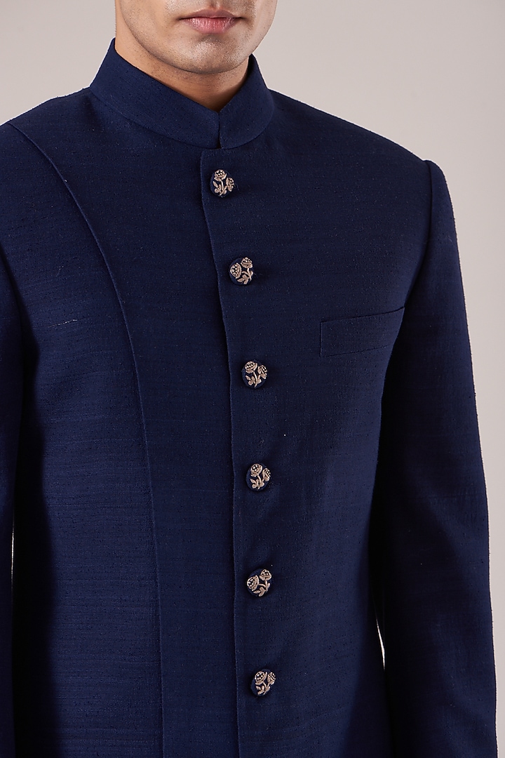 Navy Silk Paneled Wedding Sherwani Set by Dhruv Vaish at Pernia's Pop Up Shop