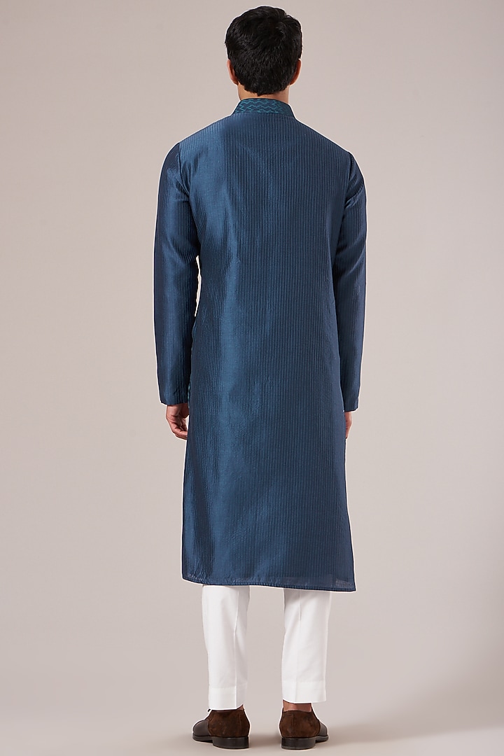 Prussian Blue Cotton Silk Chanderi Embroidered Kurta Set by Dhruv Vaish at Pernia's Pop Up Shop