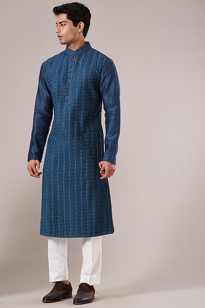 Prussian Blue Cotton Silk Chanderi Embroidered Kurta Set by Dhruv Vaish at Pernia's Pop Up Shop