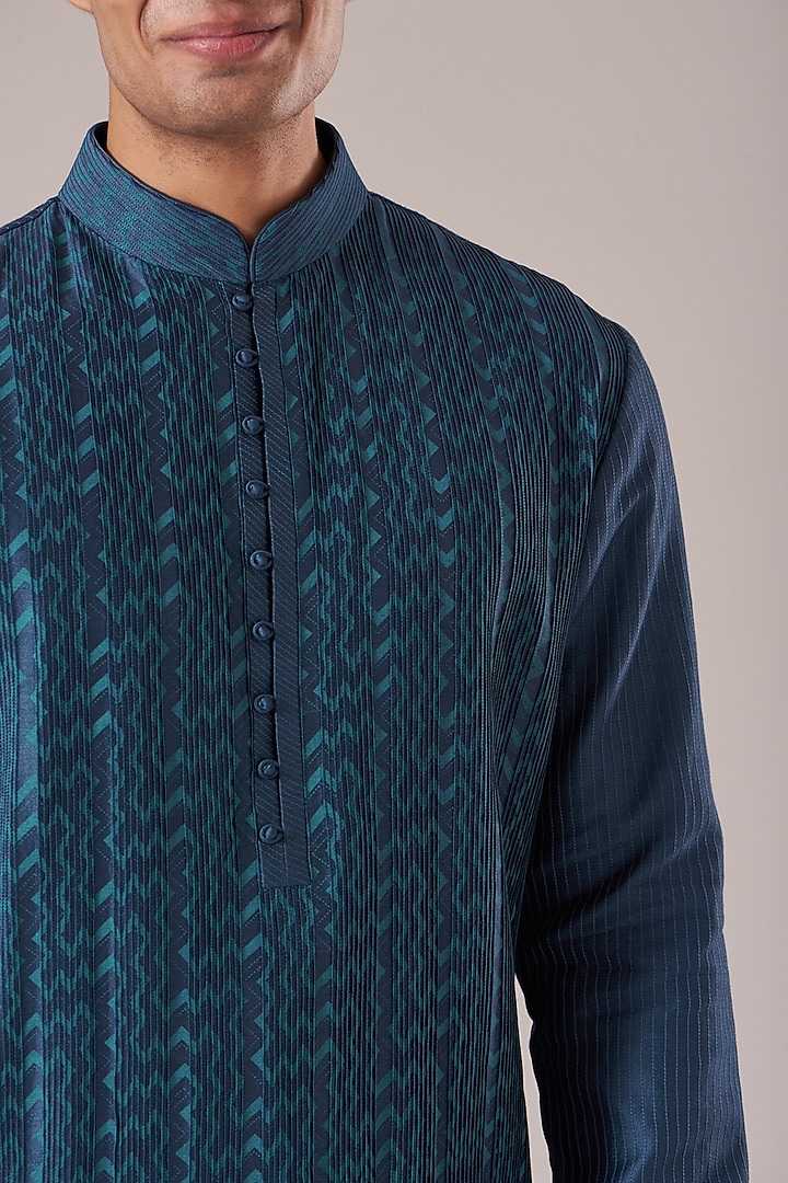 Prussian Blue Cotton Silk Chanderi Embroidered Kurta Set by Dhruv Vaish at Pernia's Pop Up Shop