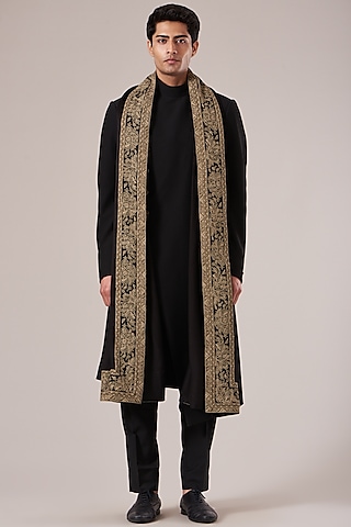 Black Cotton & Silk Embroidered Stole by Dhruv Vaish