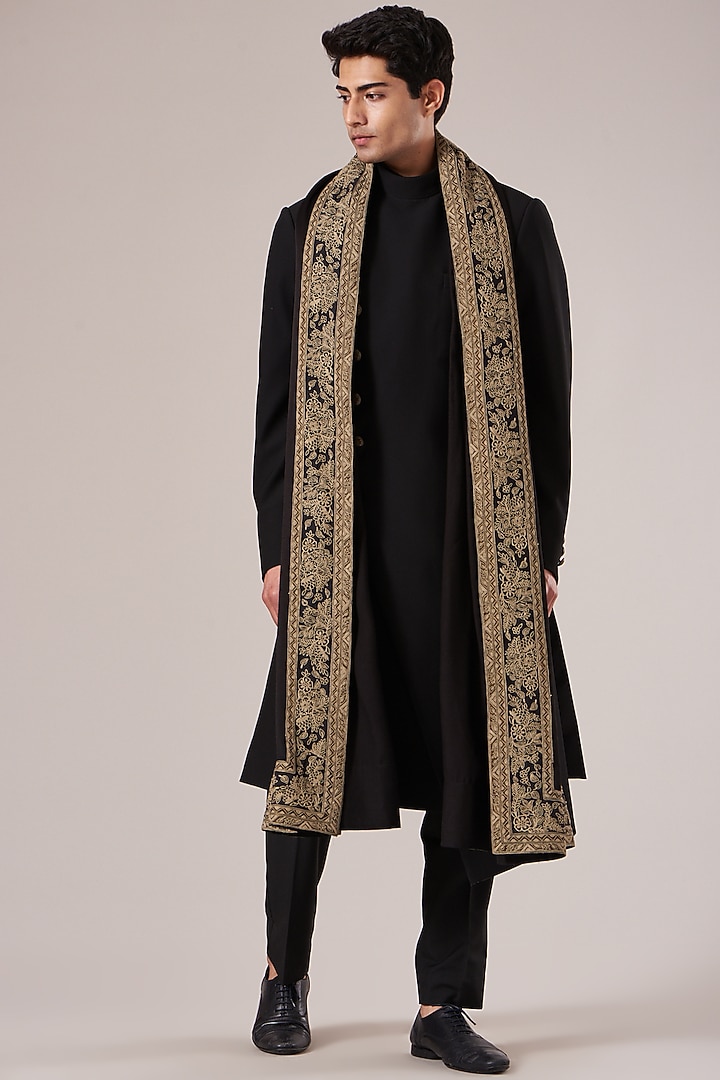 Black Cotton & Silk Embroidered Stole by Dhruv Vaish at Pernia's Pop Up Shop
