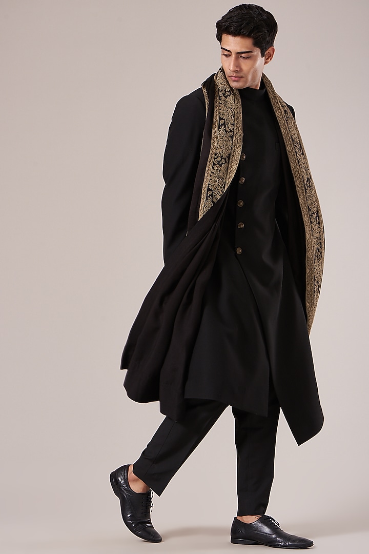 Black Cotton & Silk Embroidered Stole by Dhruv Vaish at Pernia's Pop Up Shop