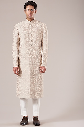Moon Rock Silk Embroidered Sherwani Set by Dhruv Vaish