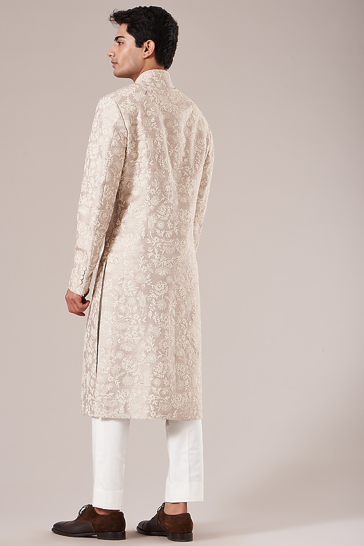 Moon Rock Silk Embroidered Groom Sherwani Set by Dhruv Vaish at Pernia's Pop Up Shop