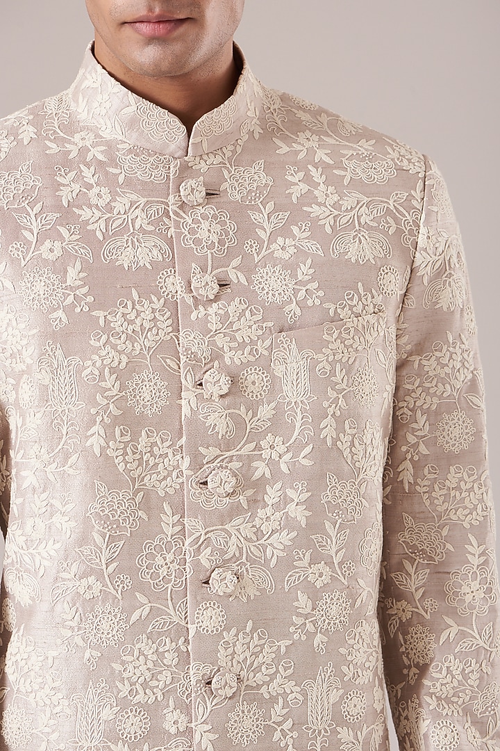 Moon Rock Silk Embroidered Groom Sherwani Set by Dhruv Vaish at Pernia's Pop Up Shop