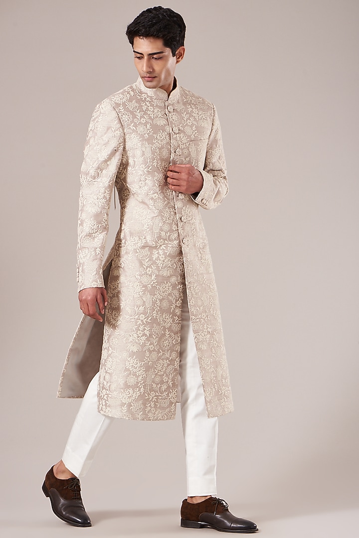 Moon Rock Silk Embroidered Groom Sherwani Set by Dhruv Vaish at Pernia's Pop Up Shop