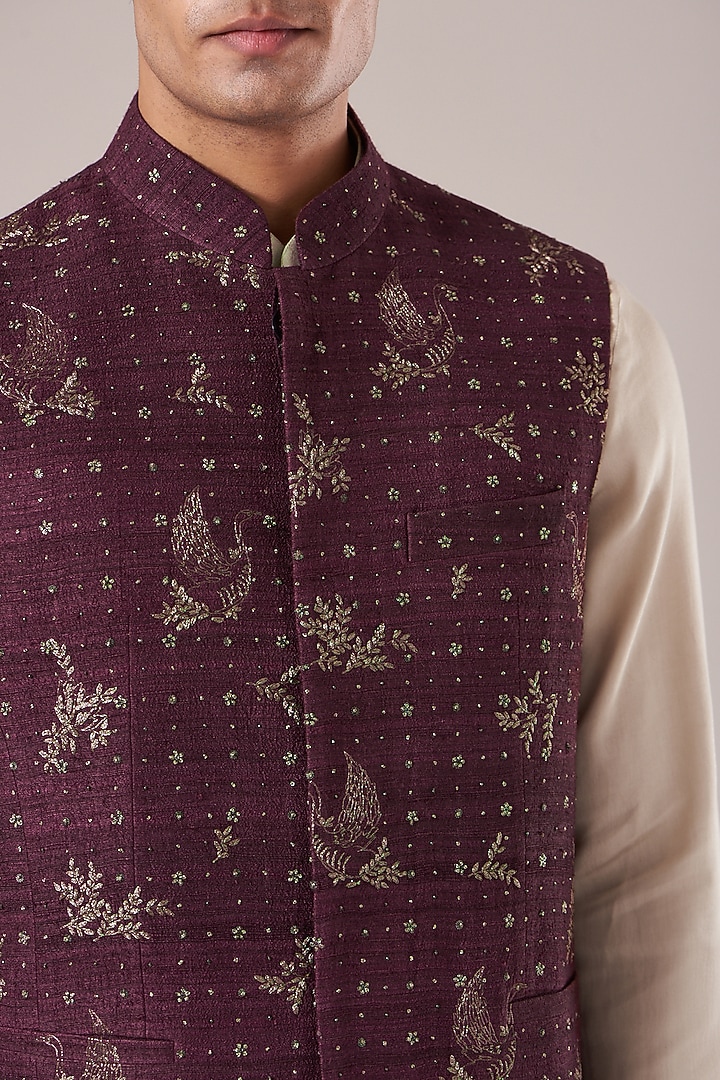 Old Mauve Silk Embroidered Jawahar Jacket by Dhruv Vaish at Pernia's Pop Up Shop