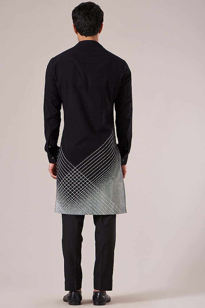 Black Cotton Silk Chanderi Printed Kurta Set by Dhruv Vaish at Pernia's Pop Up Shop
