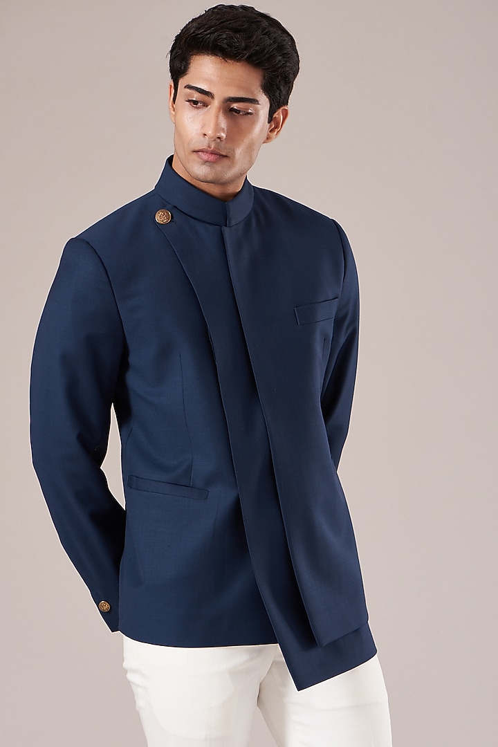 Navy Terry Wool Layered Wedding Bandhgala Jacket by Dhruv Vaish at Pernia's Pop Up Shop