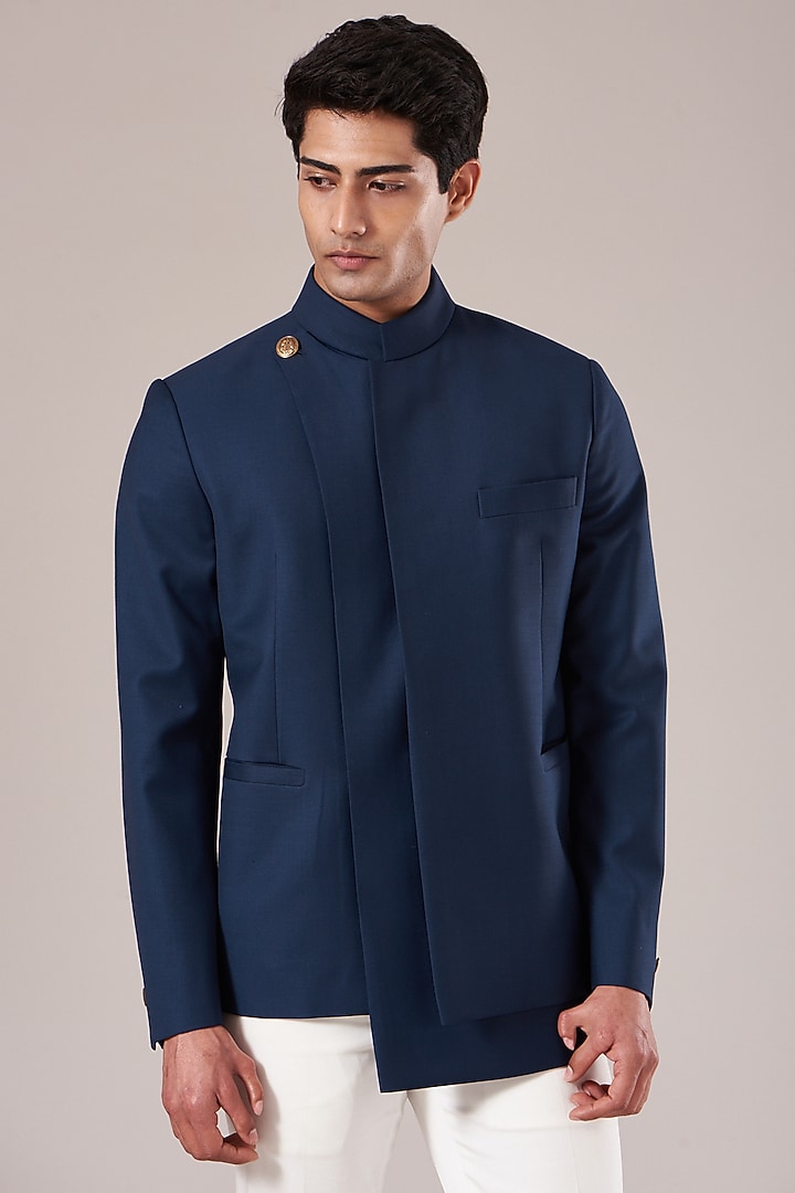 Navy Terry Wool Layered Wedding Bandhgala Jacket by Dhruv Vaish at Pernia's Pop Up Shop