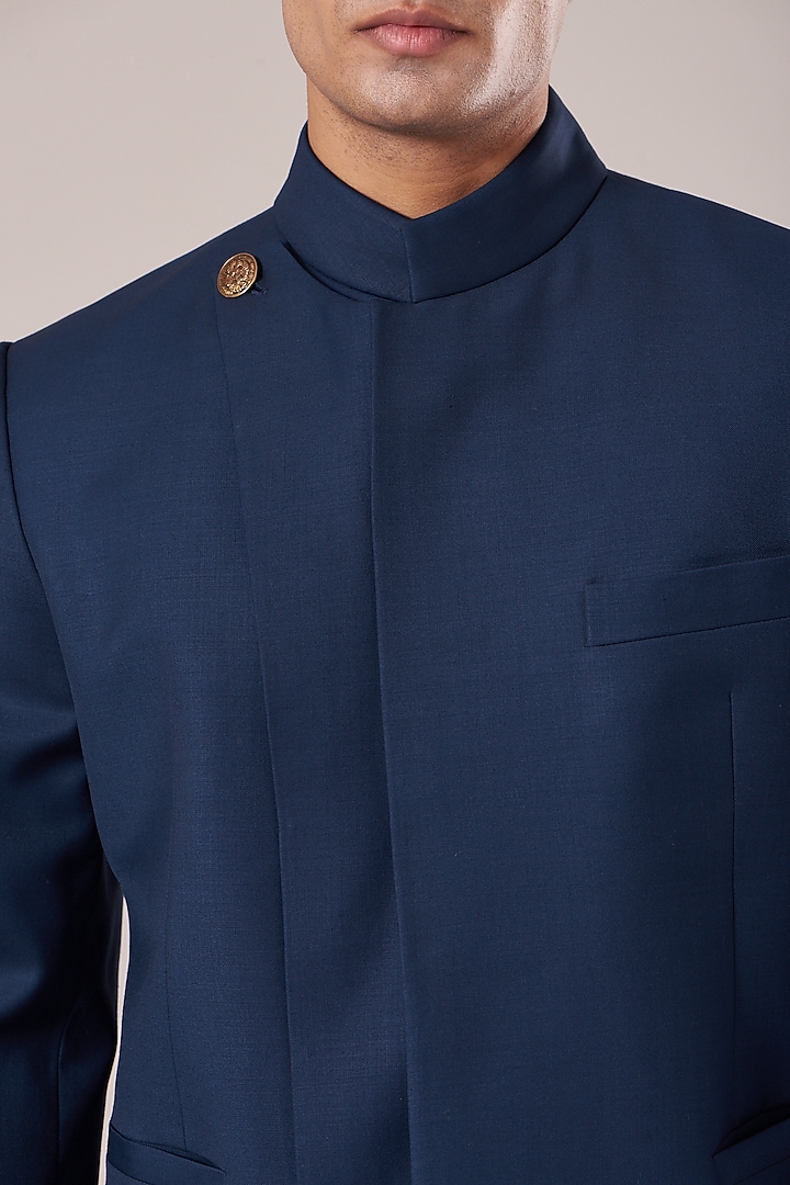 Navy Terry Wool Layered Wedding Bandhgala Jacket by Dhruv Vaish at Pernia's Pop Up Shop