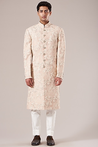 Pink Dust Fine Silk Hand Embroidered Sherwani Set by Dhruv Vaish