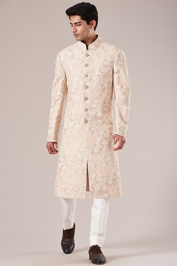 Pink Dust Fine Silk Hand Embroidered Groom Sherwani Set by Dhruv Vaish at Pernia's Pop Up Shop