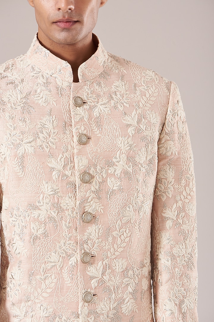 Pink Dust Fine Silk Hand Embroidered Groom Sherwani Set by Dhruv Vaish at Pernia's Pop Up Shop