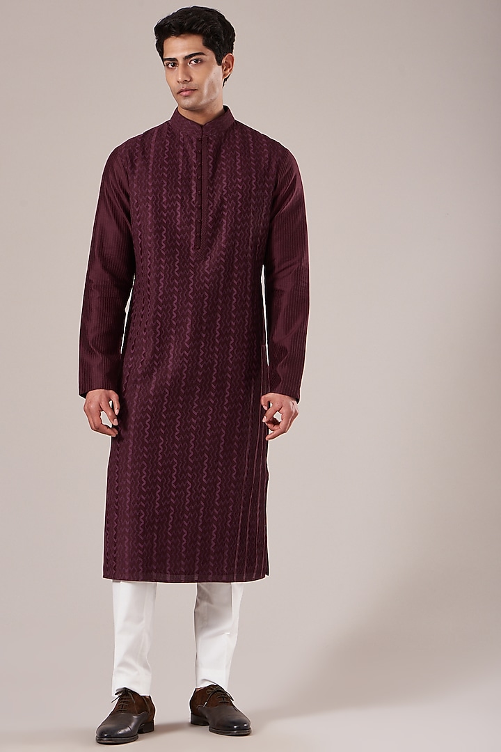 Old Mauve Cotton Silk Chanderi Printed Kurta Set by Dhruv Vaish at Pernia's Pop Up Shop