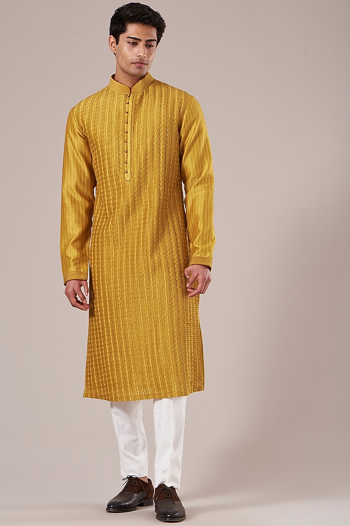 Mustard Cotton Silk Chanderi Pintucked Kurta Set by Dhruv Vaish at Pernia's Pop Up Shop