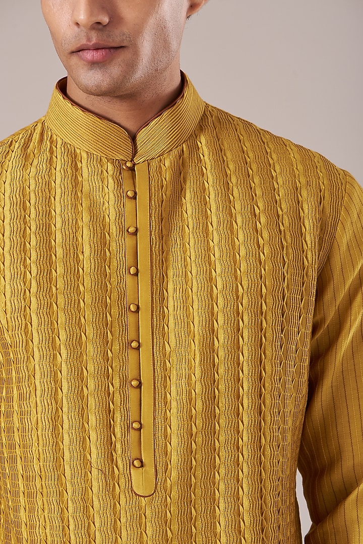 Mustard Cotton Silk Chanderi Pintucked Kurta Set by Dhruv Vaish at Pernia's Pop Up Shop