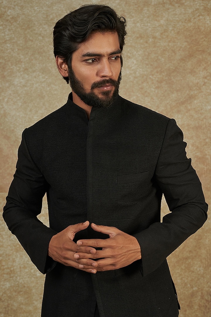 Black Silk Wedding Bandhgala Jacket by Dhruv Vaish at Pernia's Pop Up Shop