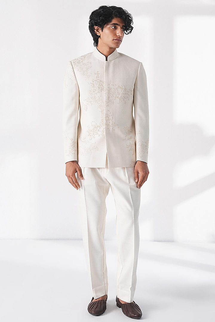 Ivory Silk Thread Embroidered Wedding Bandhgala by Dhruv Vaish at Pernia's Pop Up Shop