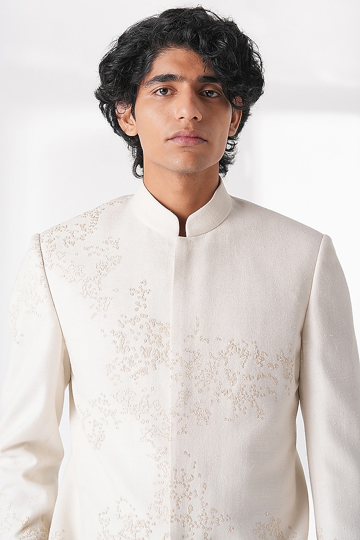 Ivory Silk Thread Embroidered Wedding Bandhgala by Dhruv Vaish at Pernia's Pop Up Shop