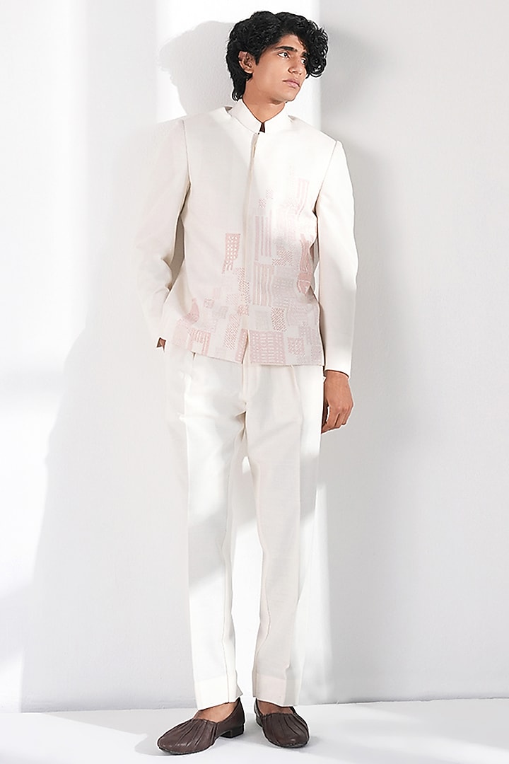 Ivory Silk Thread Embroidered Wedding Bandhgala by Dhruv Vaish at Pernia's Pop Up Shop