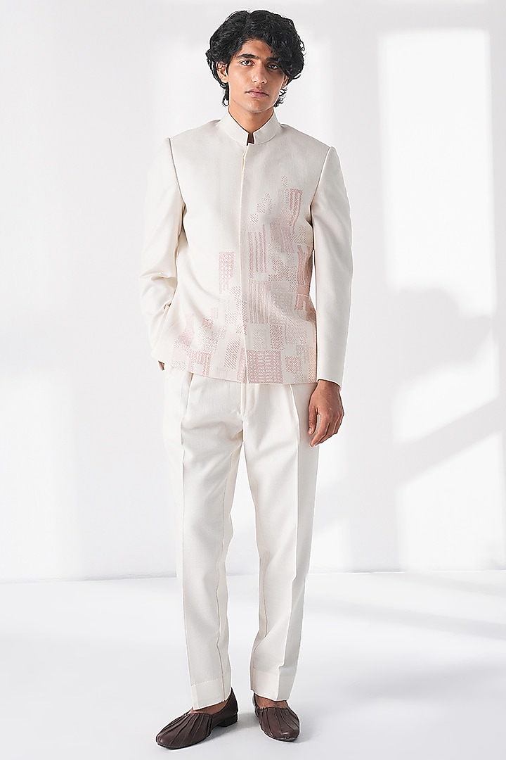 Ivory Silk Thread Embroidered Wedding Bandhgala by Dhruv Vaish at Pernia's Pop Up Shop