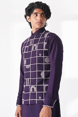Midnight Purple Silk Thread Embroidered Nehru Jacket by Dhruv Vaish