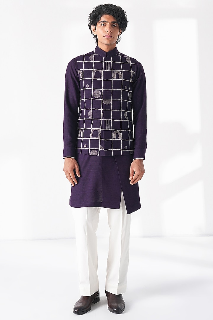 Midnight Purple Silk Thread Embroidered Nehru Jacket by Dhruv Vaish at Pernia's Pop Up Shop