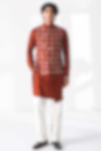 Burnt Orange Silk Thread Embroidered Nehru Jacket by Dhruv Vaish at Pernia's Pop Up Shop
