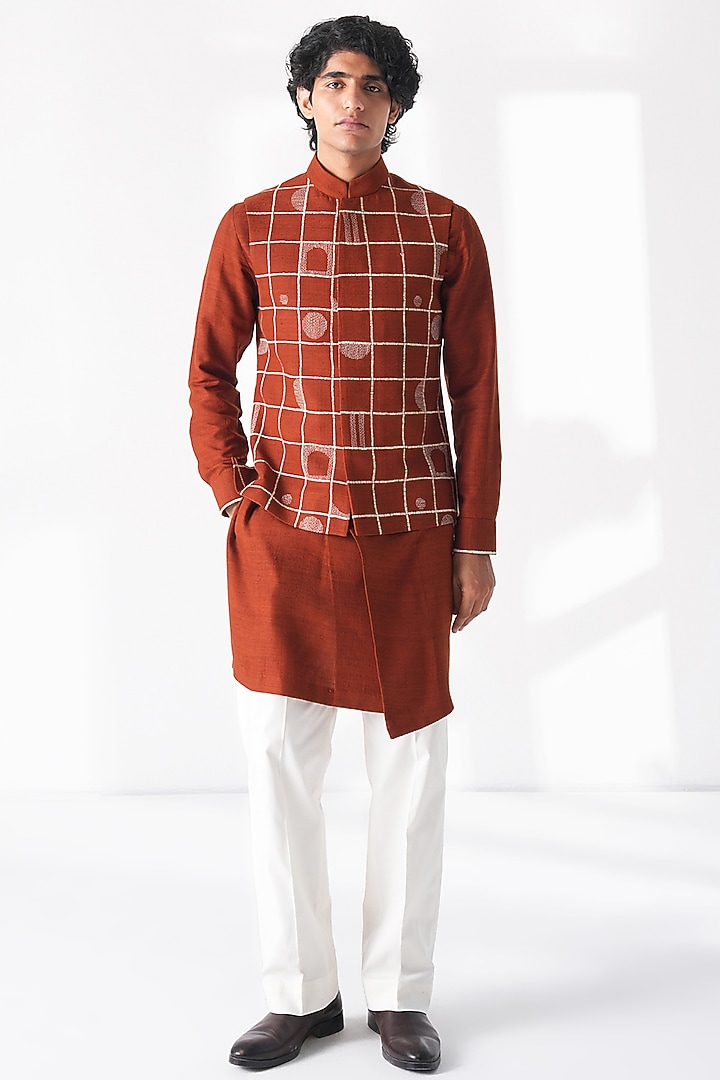Burnt Orange Silk Thread Embroidered Nehru Jacket by Dhruv Vaish at Pernia's Pop Up Shop