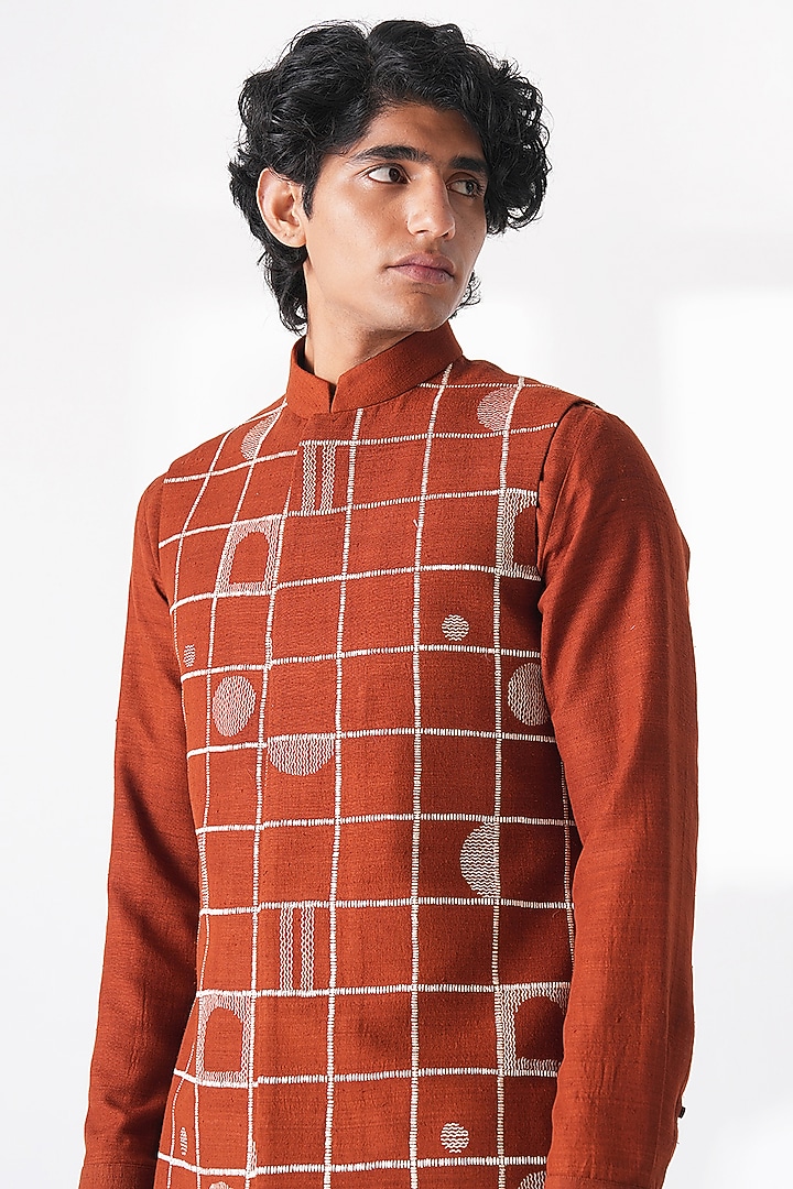 Burnt Orange Silk Thread Embroidered Nehru Jacket by Dhruv Vaish at Pernia's Pop Up Shop