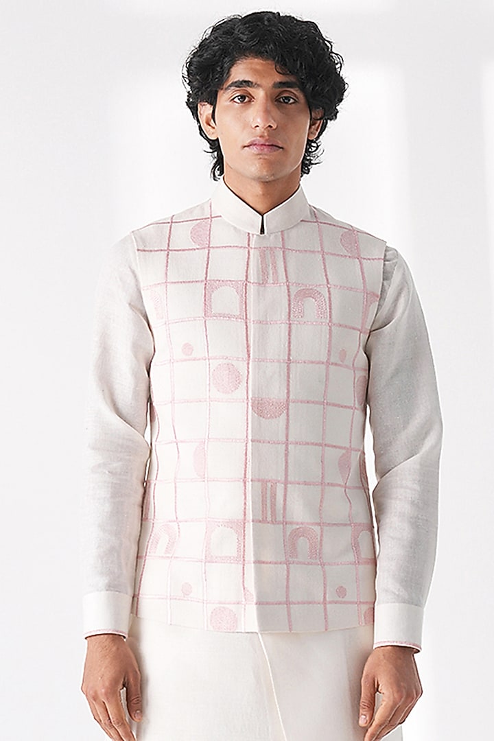 Ivory Silk Thread Embroidered Nehru Jacket by Dhruv Vaish at Pernia's Pop Up Shop