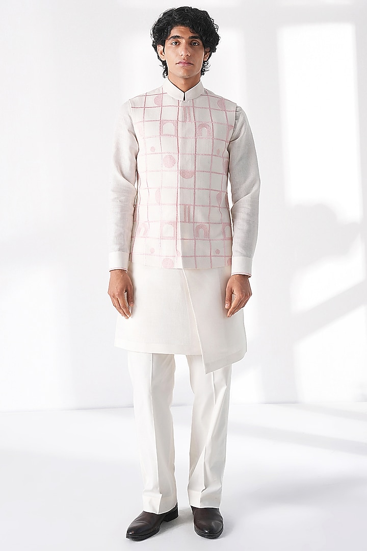 Ivory Silk Thread Embroidered Nehru Jacket by Dhruv Vaish at Pernia's Pop Up Shop