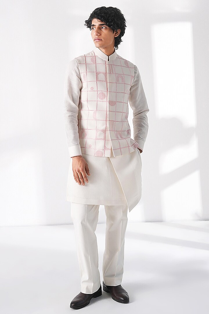 Ivory Silk Thread Embroidered Nehru Jacket by Dhruv Vaish at Pernia's Pop Up Shop