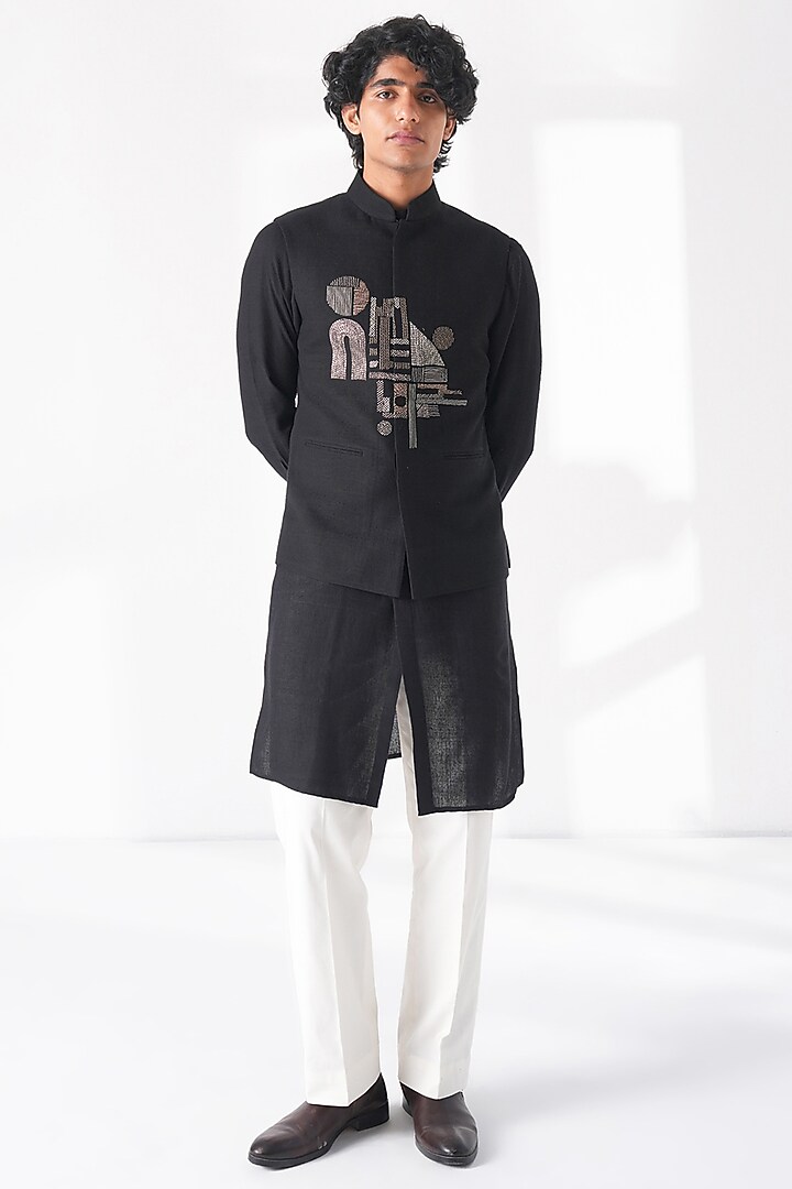 Black Silk Hand Embroidered Nehru Jacket by Dhruv Vaish at Pernia's Pop Up Shop
