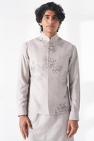 London Fog Shade Silk Embroidered Nehru Jacket by Dhruv Vaish