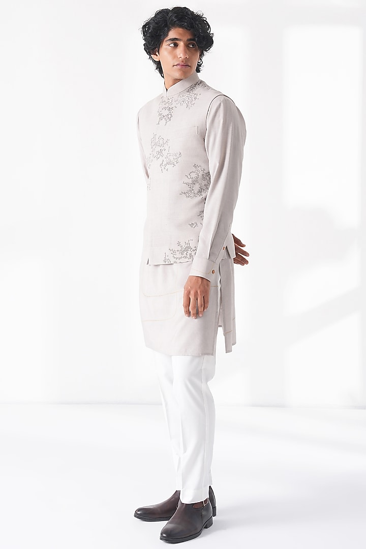 London Fog Shade Silk Embroidered Nehru Jacket by Dhruv Vaish at Pernia's Pop Up Shop