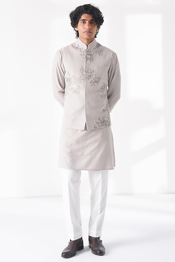 London Fog Shade Silk Embroidered Nehru Jacket by Dhruv Vaish at Pernia's Pop Up Shop