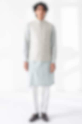 Powder Blue Silk Embroidered Nehru Jacket by Dhruv Vaish at Pernia's Pop Up Shop